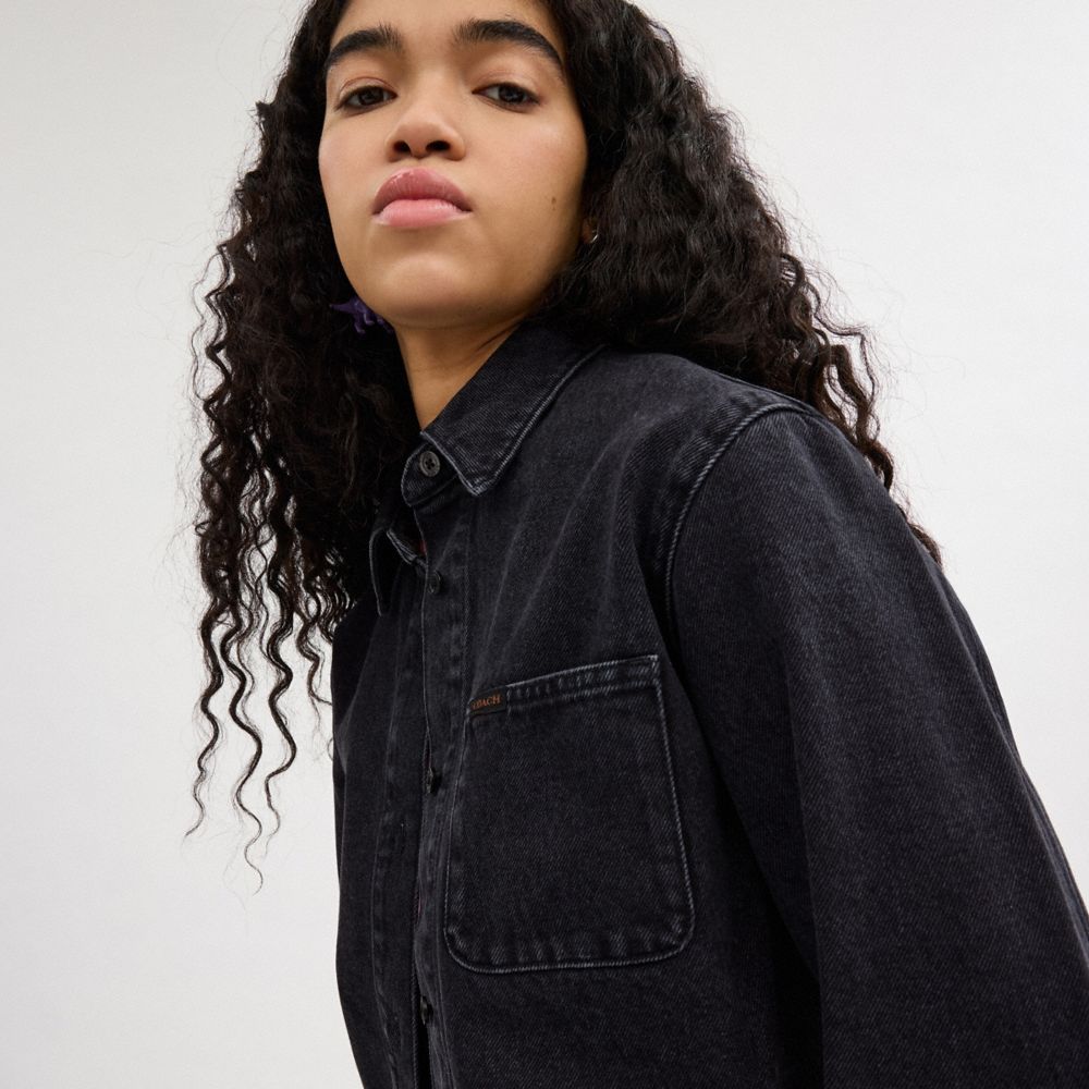 Coach Cropped Denim Button Down In Organic Cotton Black