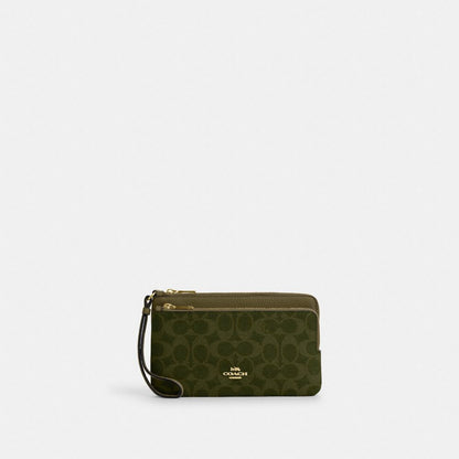 Coach Double Zip Wallet In Signature Canvas Gold Olive