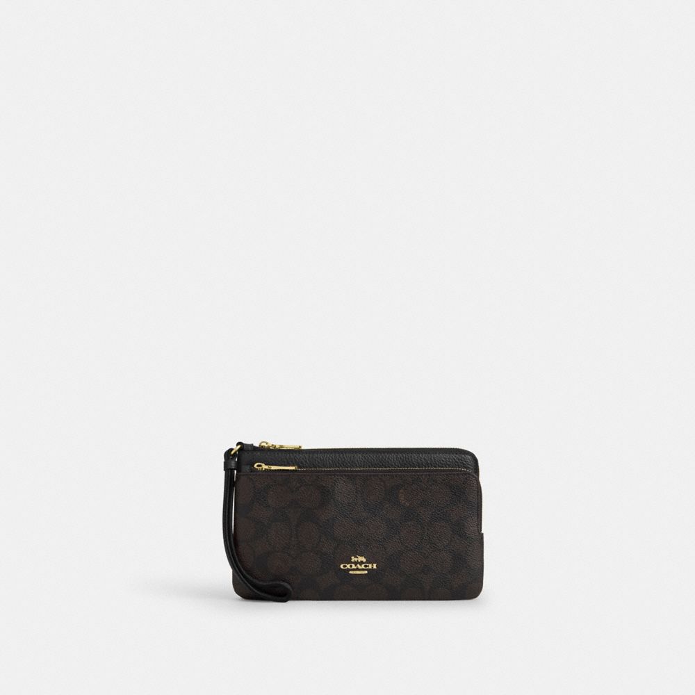 Coach Double Zip Wallet In Signature Canvas Gold Walnut Black