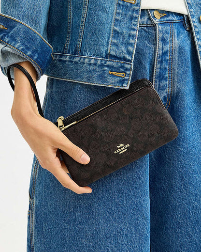 Double Zip Wallet In Signature Canvas Signature Canvas-Gold-Walnut-Black Signature Canvas-Gold-Walnut-Black