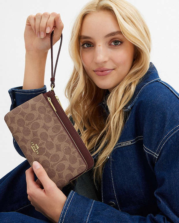 Double Zip Wallet In Signature Canvas Signature Canvas-Gold-Tan-Brown Signature Canvas-Gold-Tan-Brown