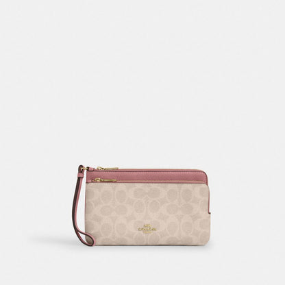 Coach Double Zip Wallet In Signature Canvas Gold Sand Peony