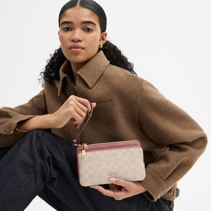 Coach Double Zip Wallet In Signature Canvas Gold Sand Peony