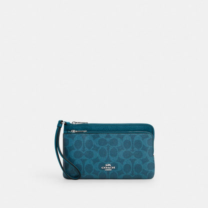 Coach Double Zip Wallet In Signature Canvas Silver Aquamarine