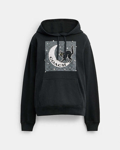 Halloween Black Cat Moon Signature Square Hoodie Black Black