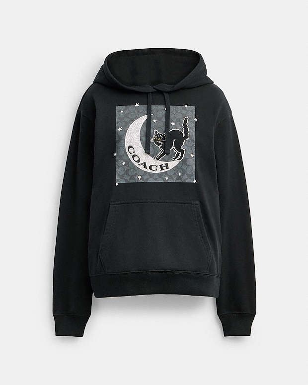 Halloween Black Cat Moon Signature Square Hoodie Black Black