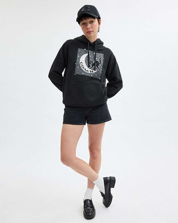 Halloween Black Cat Moon Signature Square Hoodie Black Black
