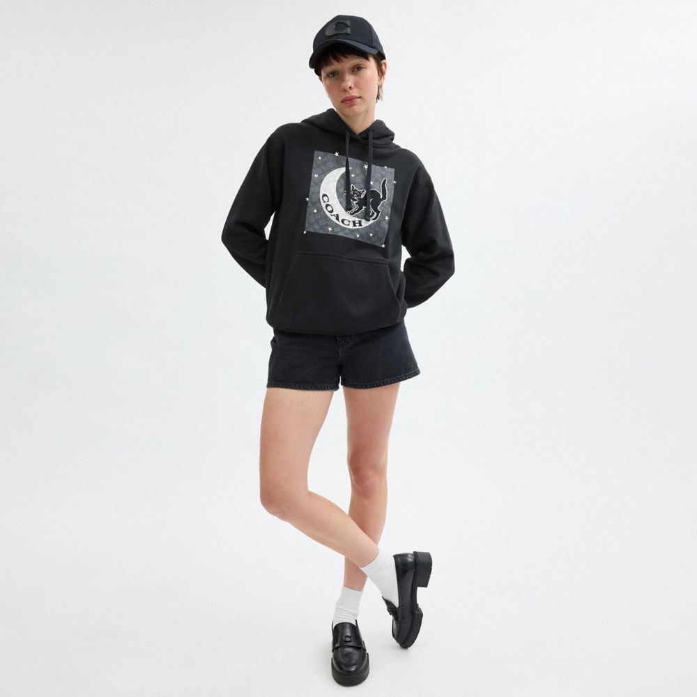 Coach Halloween Black Cat Moon Signature Square Hoodie Black
