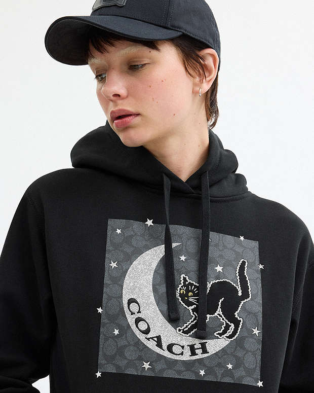 Halloween Black Cat Moon Signature Square Hoodie Black Black