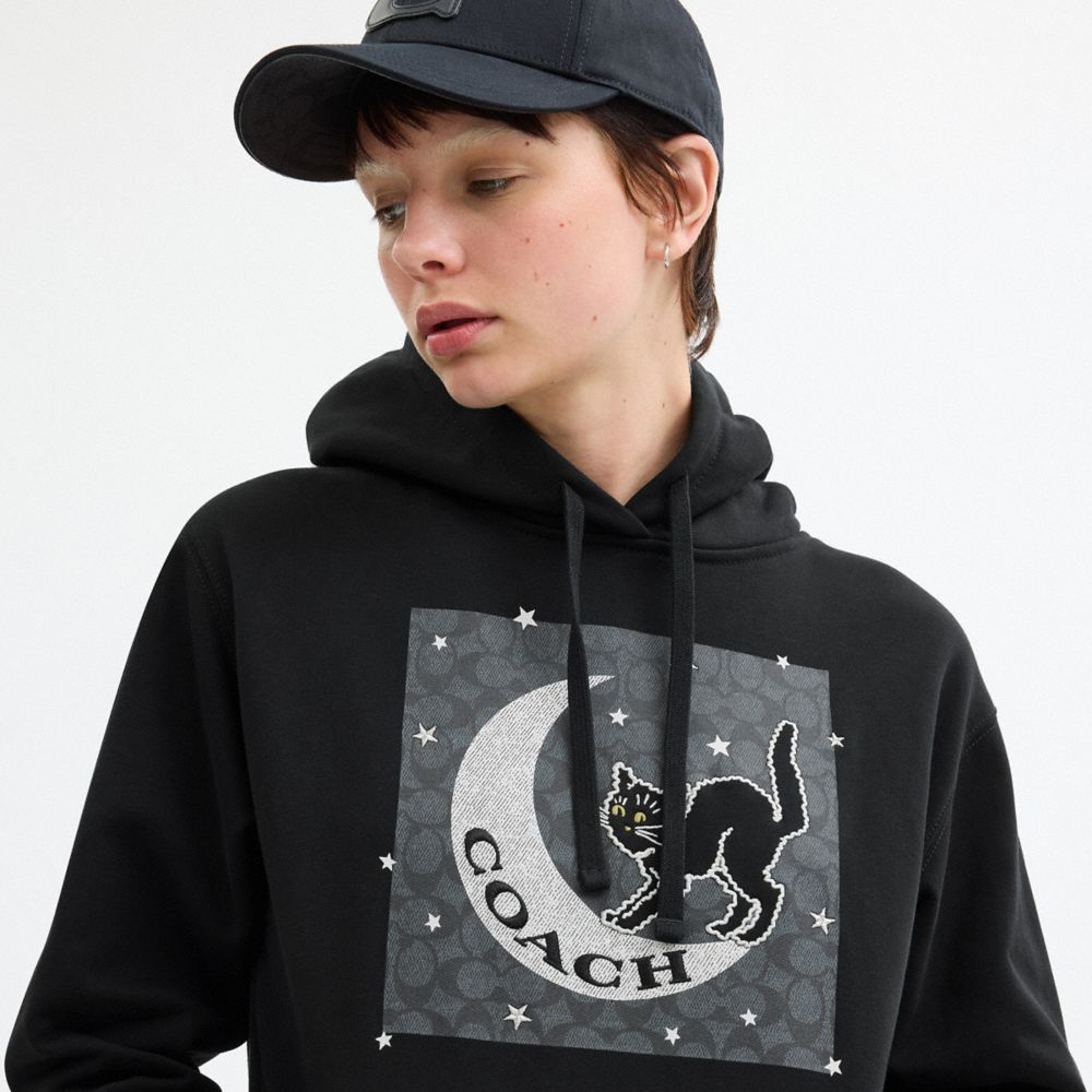 Coach Halloween Black Cat Moon Signature Square Hoodie Black
