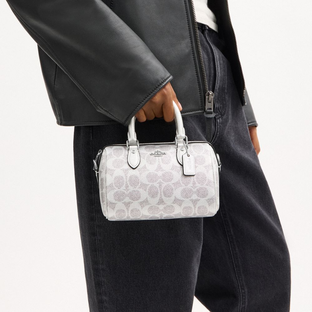 Coach Boxed Mini Rowan Crossbody Bag And Mirror Bag Charm Set In Signature Canvas Silver Gray Silver