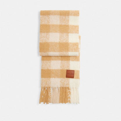 Oversized Plaid Muffler With Leather Patch Chalk Chalk