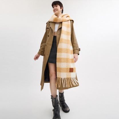 Oversized Plaid Muffler With Leather Patch Chalk Chalk