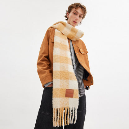 Oversized Plaid Muffler With Leather Patch Chalk Chalk