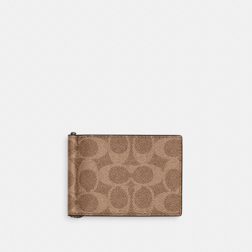 Coach Slim Money Clip Billfold Wallet In Signature Canvas Gunmetal/Tan/Black