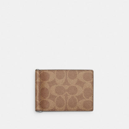 Coach Slim Money Clip Billfold Wallet In Signature Canvas Silver/Tan/Black