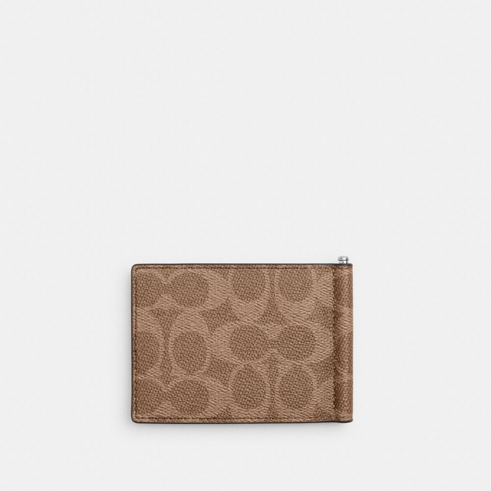 Coach Slim Money Clip Billfold Wallet In Signature Canvas Silver/Tan/Black