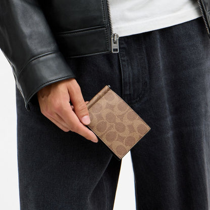 Coach Slim Money Clip Billfold Wallet In Signature Canvas Silver/Tan/Black
