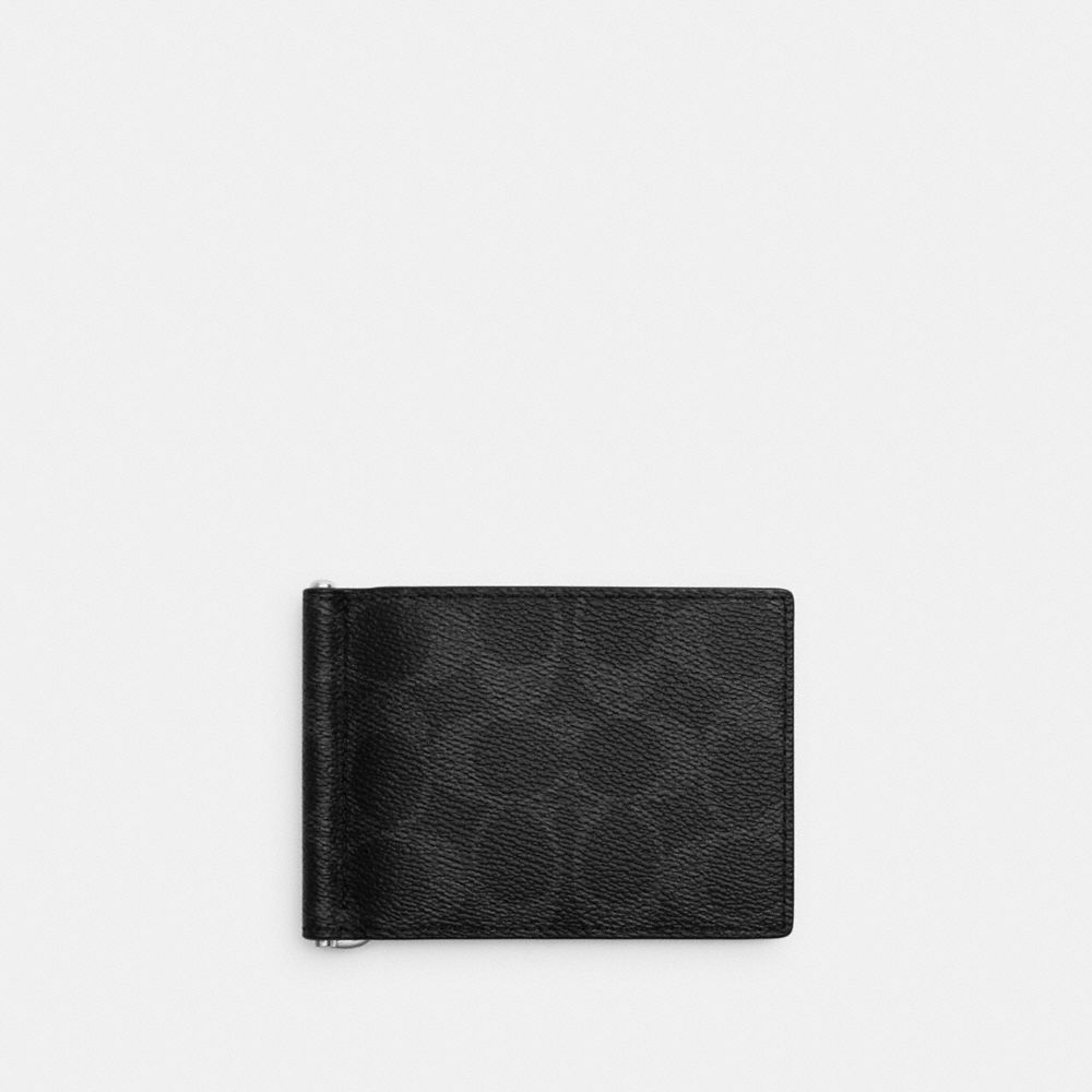 Coach Slim Money Clip Billfold Wallet In Signature Canvas Silver/Black Signature
