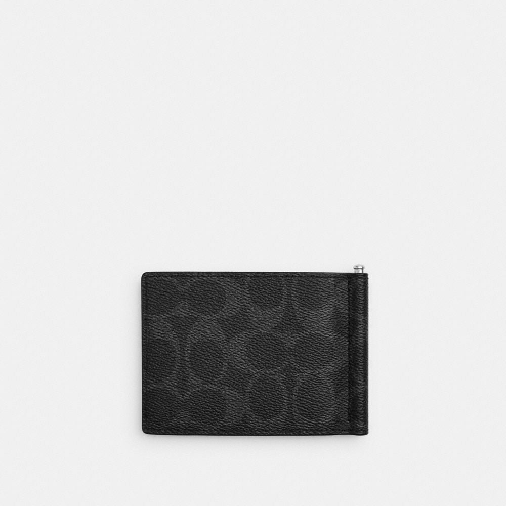 Coach Slim Money Clip Billfold Wallet In Signature Canvas Silver/Black Signature
