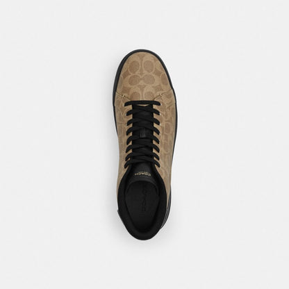 Coach High Line High Top Sneaker In Signature Canvas Khaki Black