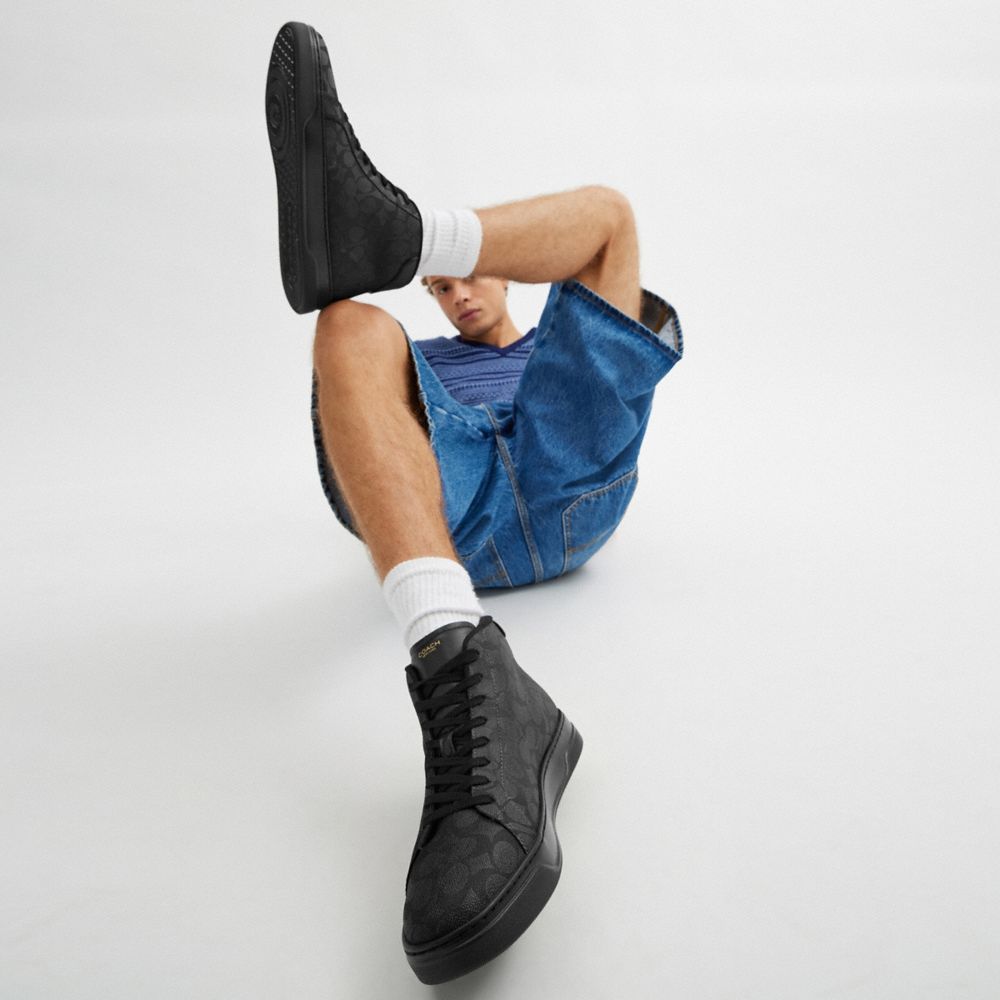 Coach High Line High Top Sneaker In Signature Canvas Graphite Black