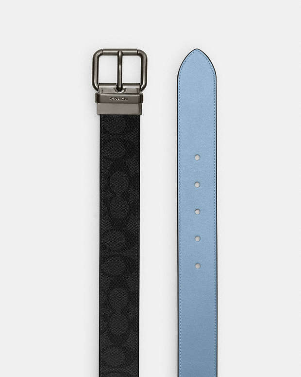 Roller Buckle Cut To Size Reversible Belt, 38 Mm Signature Canvas-Qb-Charcoal-Pool Signature Canvas-Qb-Charcoal-Pool