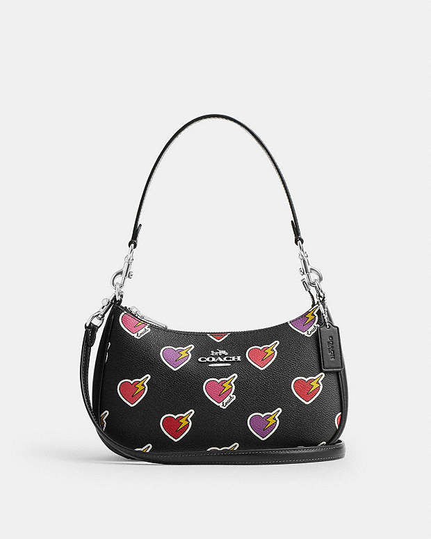 Teri Shoulder Bag With Heart Bolt Print Silver-Black Multi Silver-Black Multi