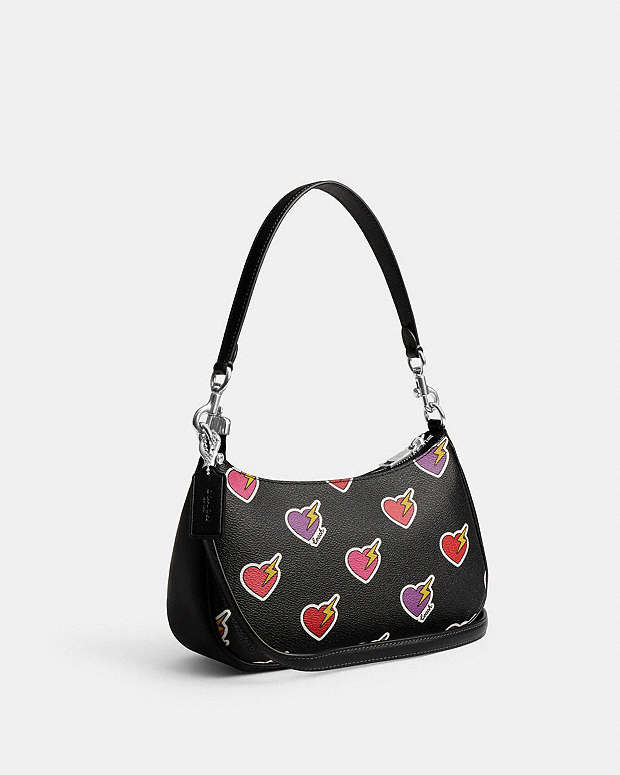 Teri Shoulder Bag With Heart Bolt Print Silver-Black Multi Silver-Black Multi