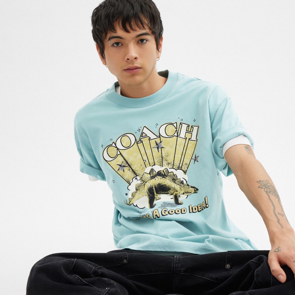 Coach Stegosaurus Relaxed T Shirt In Organic Cotton Blue Haze