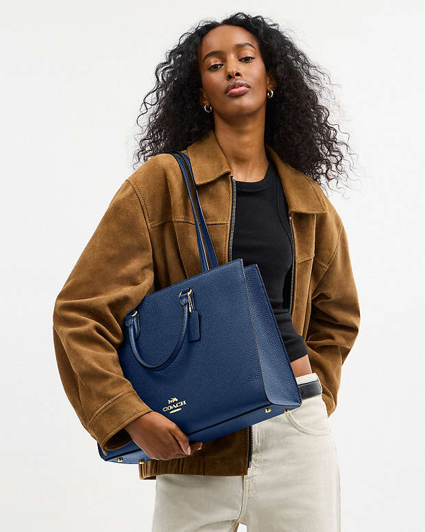 Maggie Tote Bag Pebbled Leather-Gold-Deep Blue Pebbled Leather-Gold-Deep Blue