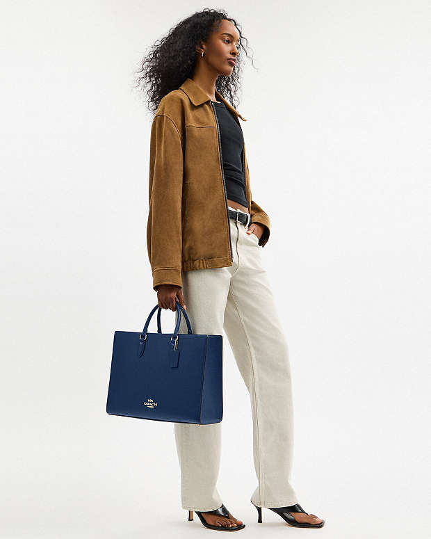 Maggie Tote Bag Pebbled Leather-Gold-Deep Blue Pebbled Leather-Gold-Deep Blue
