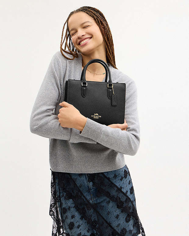 Maggie Small Tote Bag Pebbled Leather-Gold-Black Pebbled Leather-Gold-Black