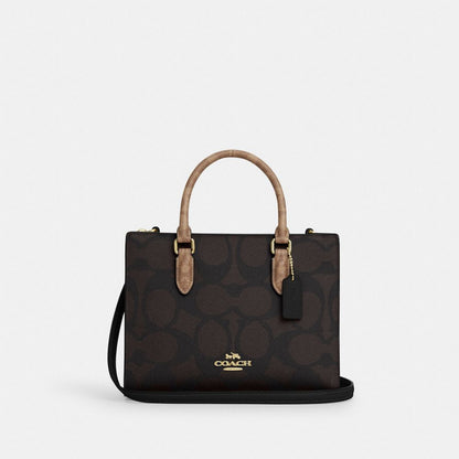Coach Maggie Small Tote Bag In Blocked Signature Canvas Gold Walnut Tan