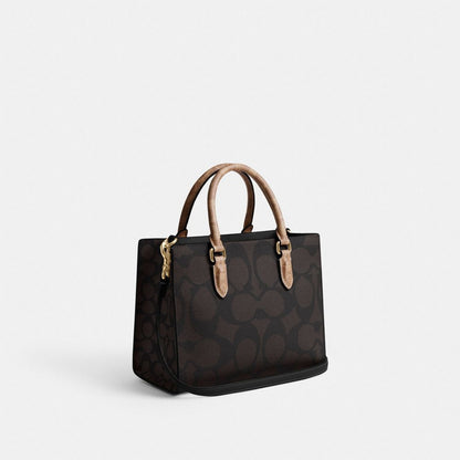 Coach Maggie Small Tote Bag In Blocked Signature Canvas Gold Walnut Tan