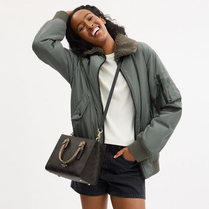 Coach Maggie Small Tote Bag In Blocked Signature Canvas Gold Walnut Tan