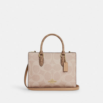 Coach Maggie Small Tote Bag In Blocked Signature Canvas Gold Sand Tan