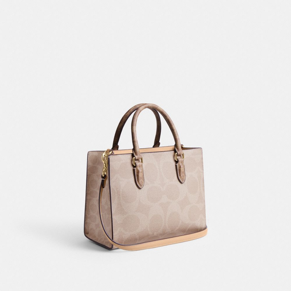 Coach Maggie Small Tote Bag In Blocked Signature Canvas Gold Sand Tan