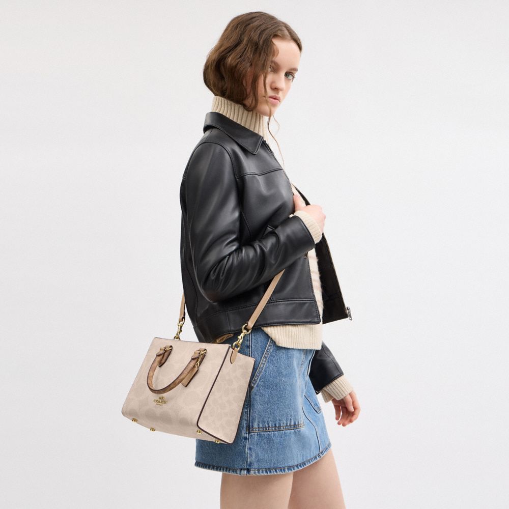 Coach Maggie Small Tote Bag In Blocked Signature Canvas Gold Sand Tan