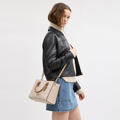 Coach Maggie Small Tote Bag In Blocked Signature Canvas Gold Sand Tan