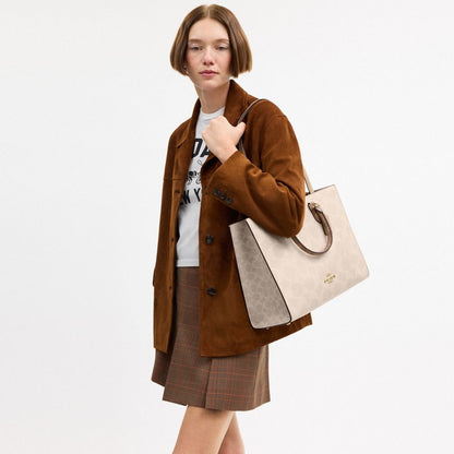 Coach Maggie Tote Bag In Blocked Signature Canvas Gold Sand Tan