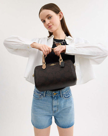 Rowan Satchel Bag In Blocked Signature Canvas Signature Canvas-Gold-Walnut-Tan Signature Canvas-Gold-Walnut-Tan