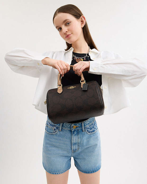 Rowan Satchel Bag In Blocked Signature Canvas Signature Canvas-Gold-Walnut-Tan Signature Canvas-Gold-Walnut-Tan