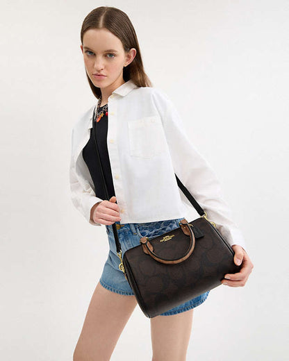 Rowan Satchel Bag In Blocked Signature Canvas Signature Canvas-Gold-Walnut-Tan Signature Canvas-Gold-Walnut-Tan
