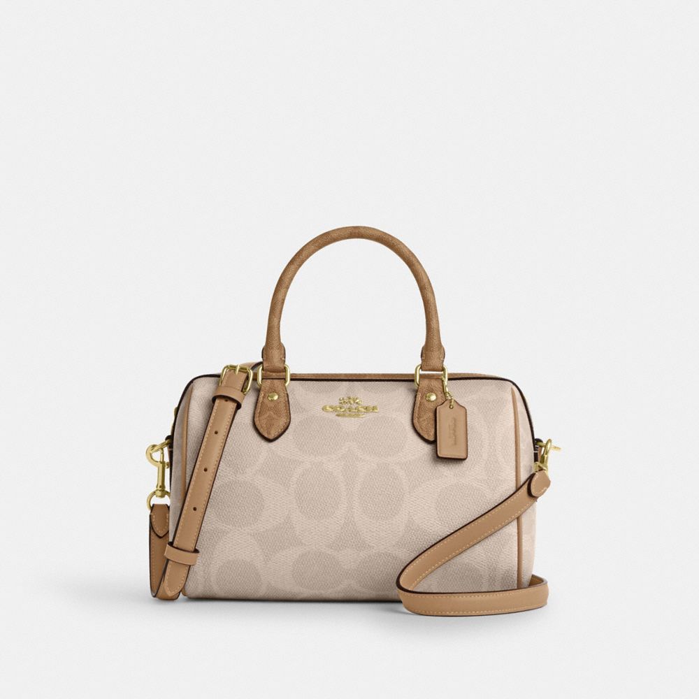 Coach Rowan Satchel Bag In Blocked Signature Canvas Gold Sand Tan
