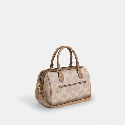 Coach Rowan Satchel Bag In Blocked Signature Canvas Gold Sand Tan
