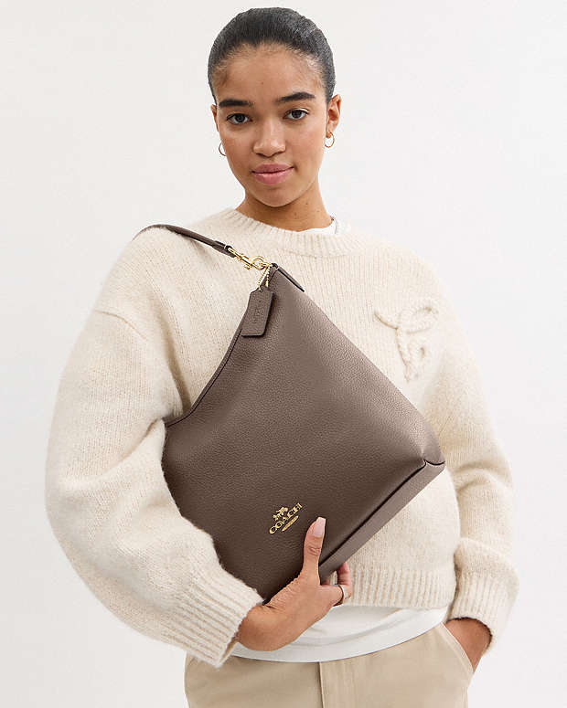 Laurel Large Shoulder Bag Pebbled Leather-Gold-Dark Stone Pebbled Leather-Gold-Dark Stone