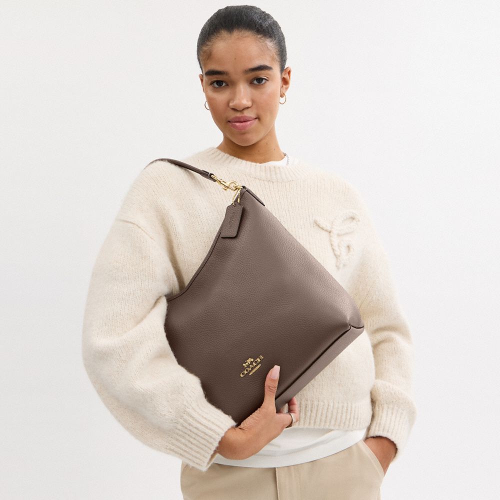 Laurel Large Shoulder Bag Pebbled Leather-Gold-Dark Stone Pebbled Leather-Gold-Dark Stone
