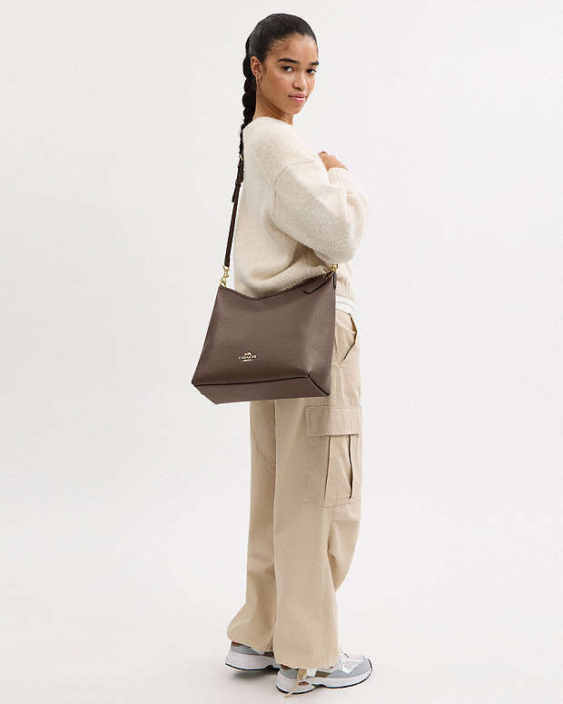 Laurel Large Shoulder Bag Pebbled Leather-Gold-Dark Stone Pebbled Leather-Gold-Dark Stone