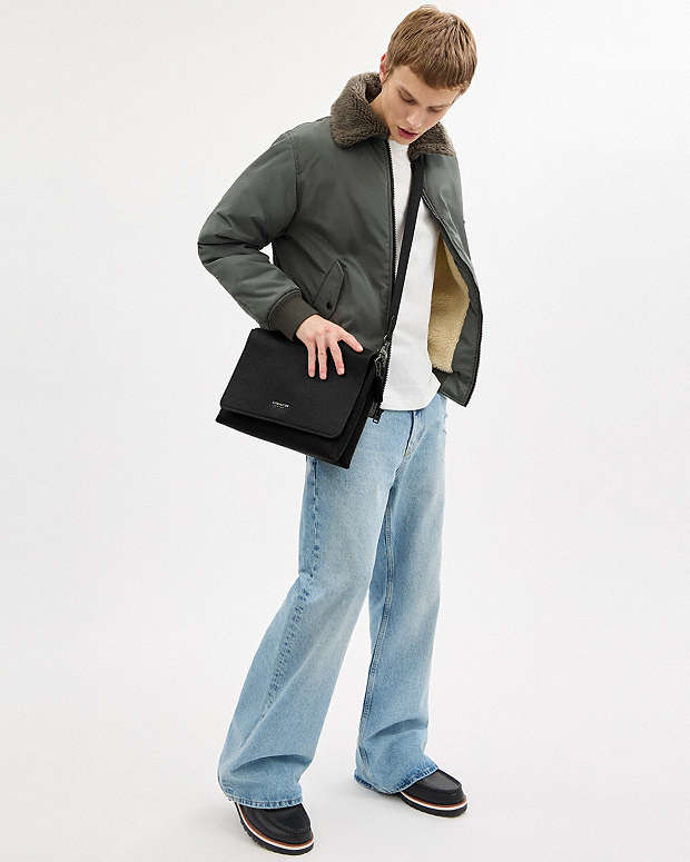 Caleb Messenger Bag Pebbled Leather-Gunmetal-Black Pebbled Leather-Gunmetal-Black